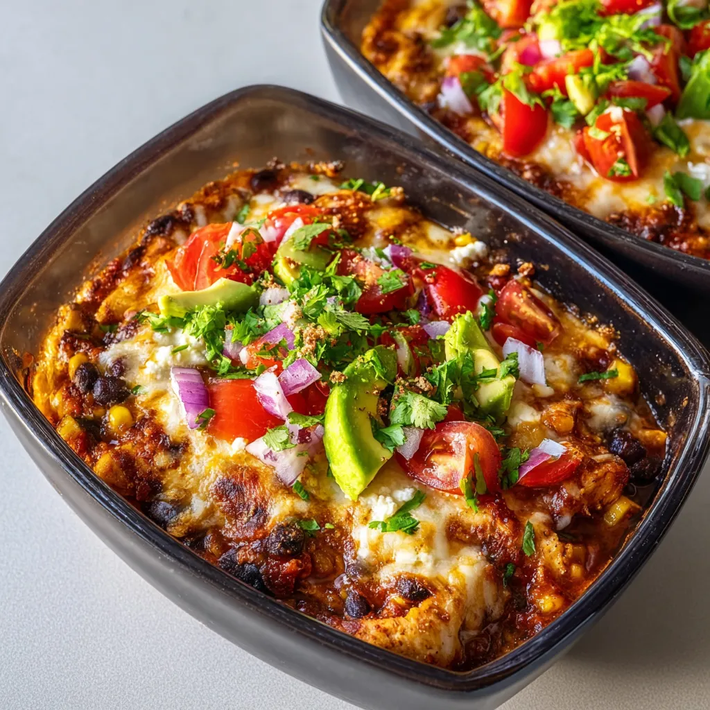 Close-up of delicious Chicken Enchilada Bowls, showcasing the layers of chicken, rice, beans, and toppings.