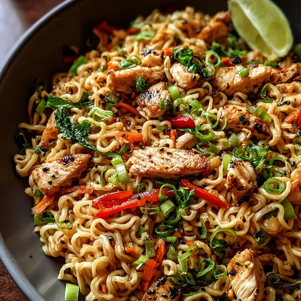 Close-up shot of a vibrant and delicious Easy Chicken Ramen Stir Fry (30 Minutes) showcasing the noodles, chicken, and colorful vegetables.