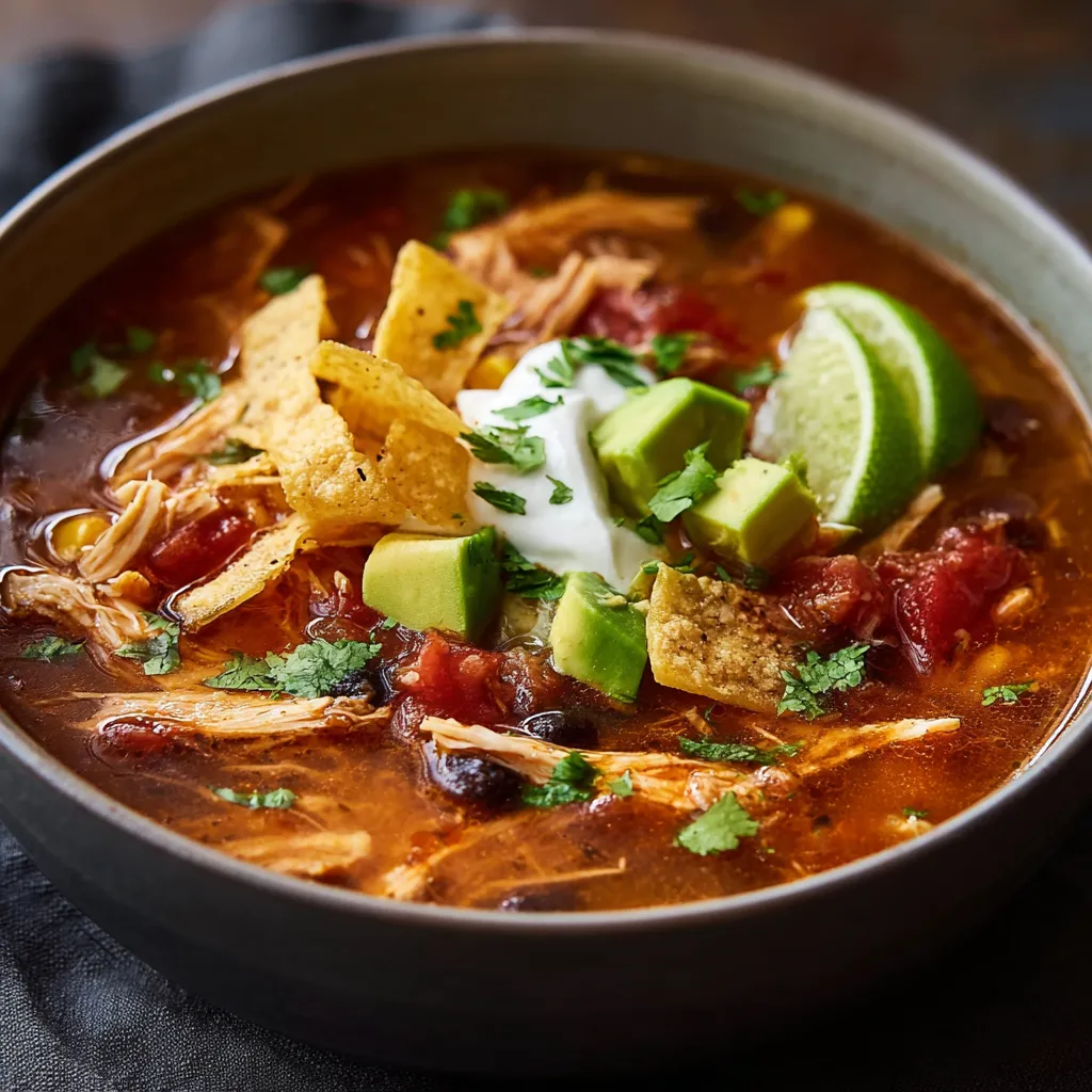 Close-up shot of a steaming bowl of Chicken Tortilla Soup, showcasing the colorful toppings and rich broth.