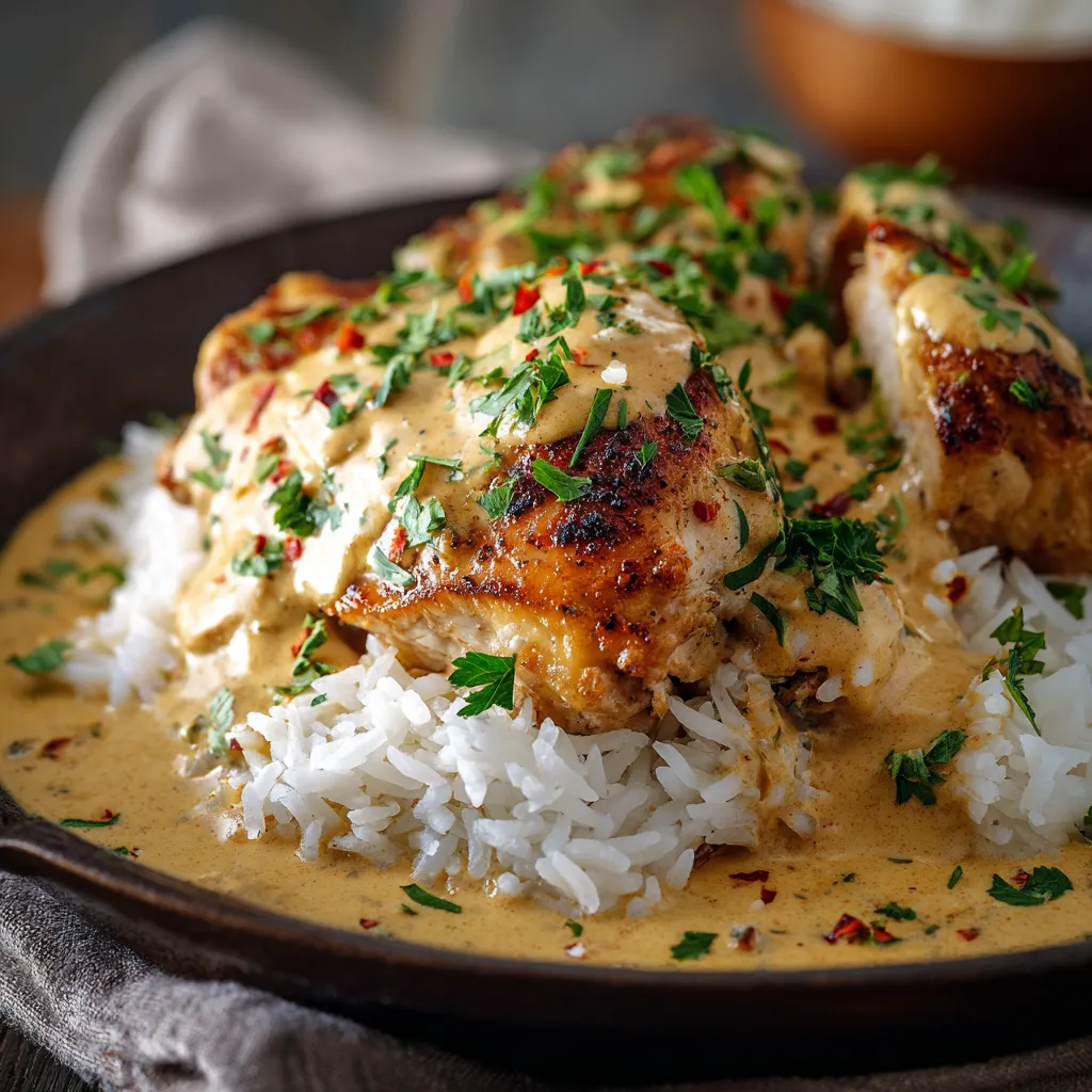 Close-up of delicious Creamy Smothered Chicken And Rice served on a plate, ready to eat.
