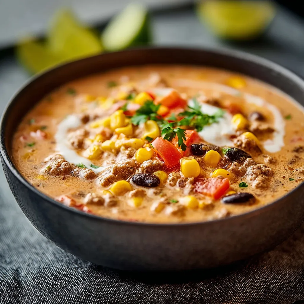 A close-up shot showcases a bowl of Creamy Taco Soup, highlighting its creamy texture and colorful toppings.