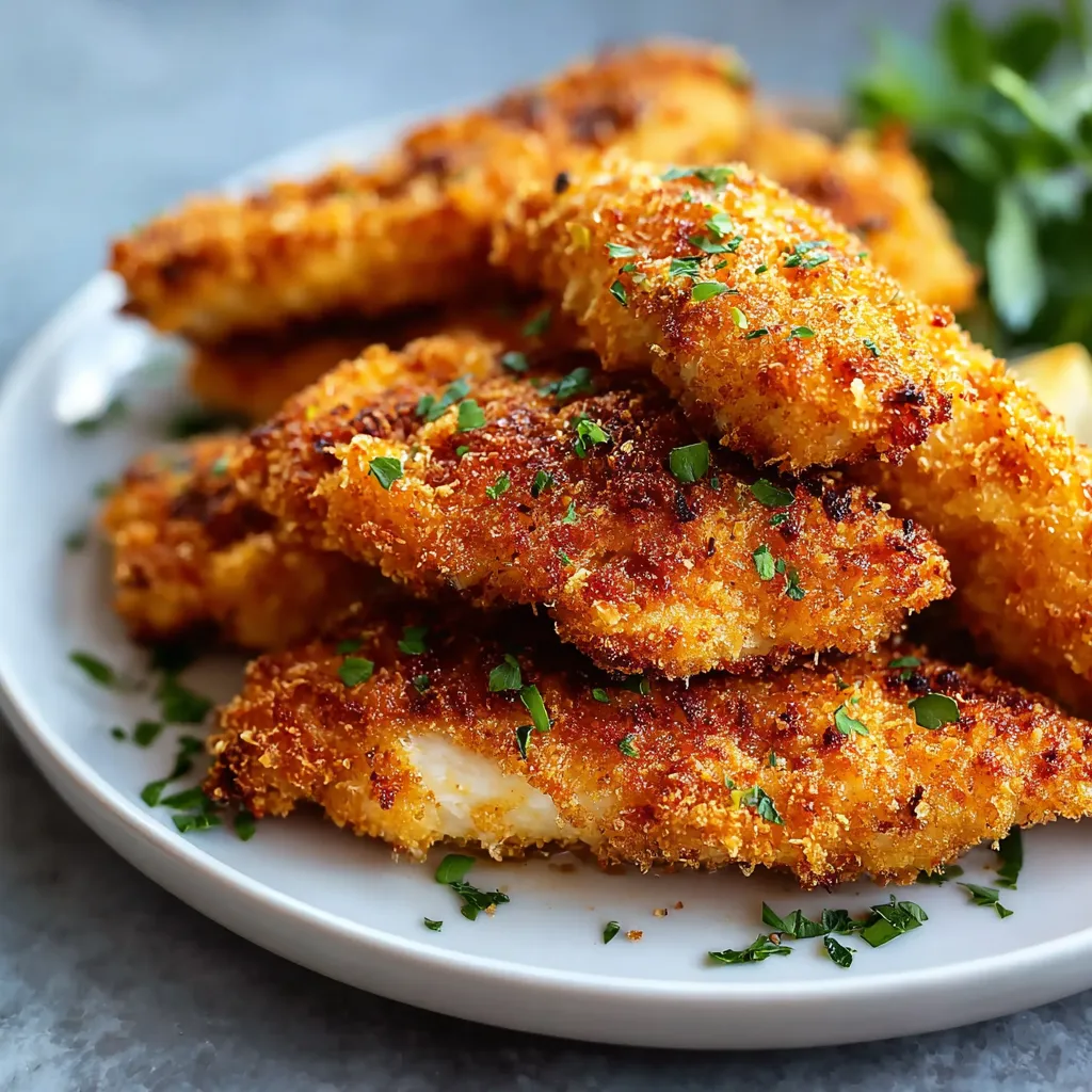 Close-up showcasing the golden-brown, crispy texture of Easy Crispy Homemade Baked Chicken Tenders, perfect for a family meal.