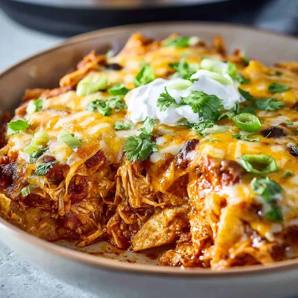 A close-up view showcasing the cheesy, bubbly topping of a freshly cooked Crockpot Chicken Enchilada Casserole.