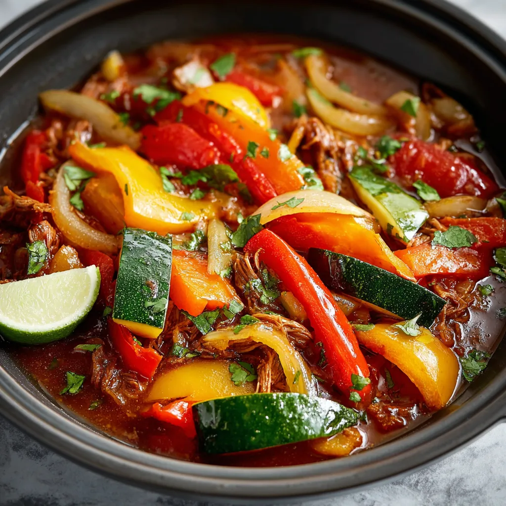 A close-up shot of vibrant, cooked peppers and onions, ready to be enjoyed as part of delicious Crockpot Fajitas.