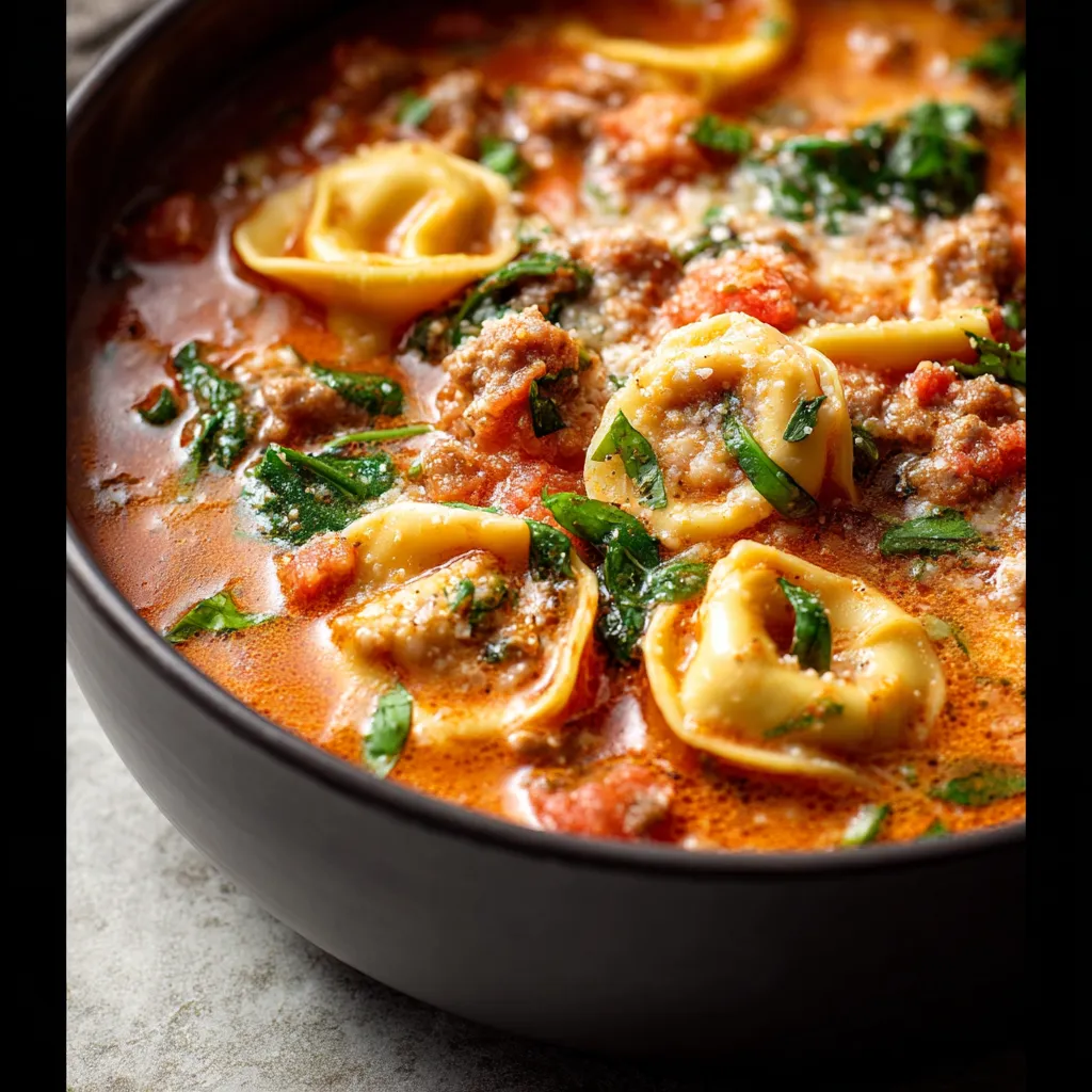 Creamy Crockpot Tortellini Soup simmering in a slow cooker, showcasing a comforting and easy meal.