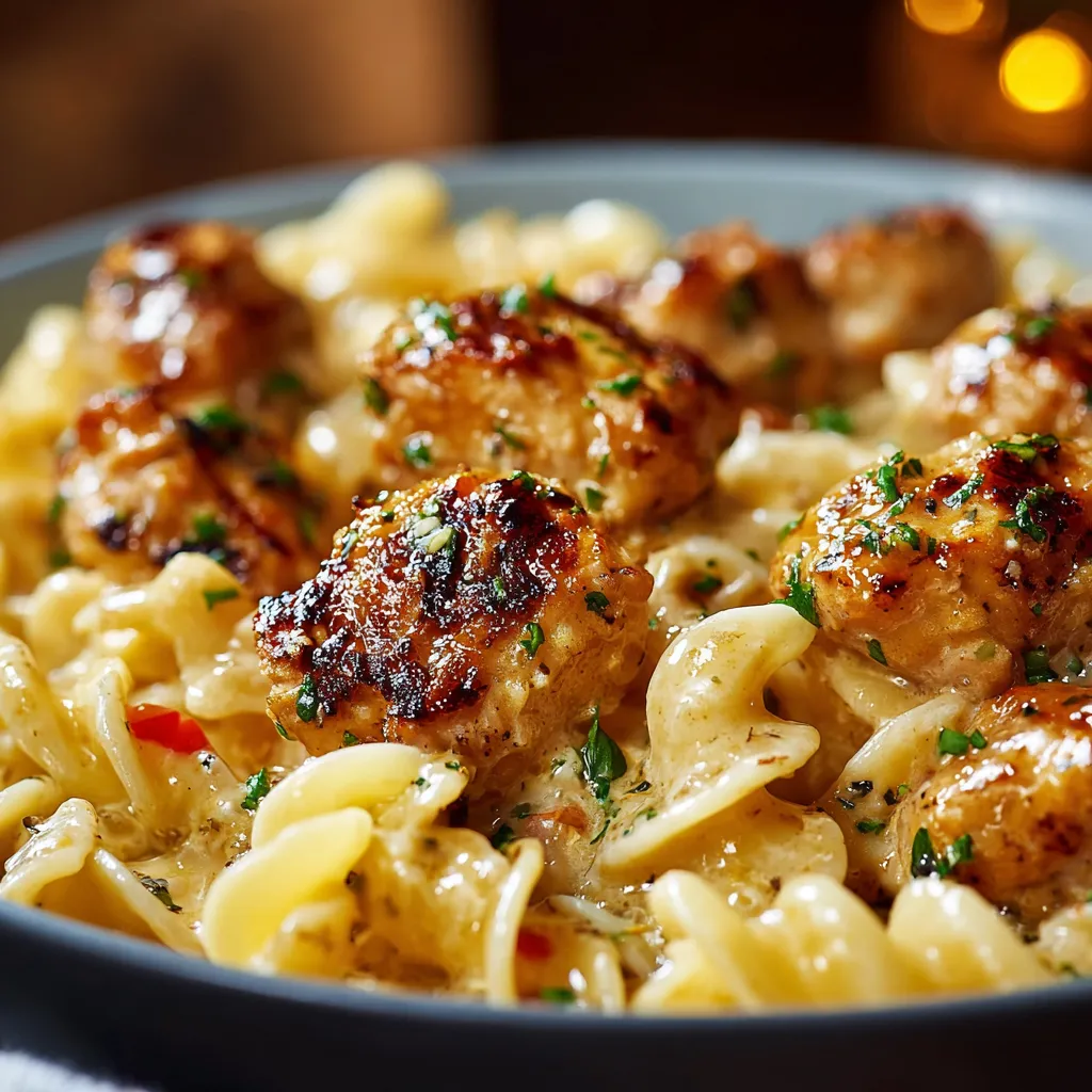 Close-up shot of golden Garlic Butter Chicken Bites, showcasing their juicy texture and flavorful sauce.
