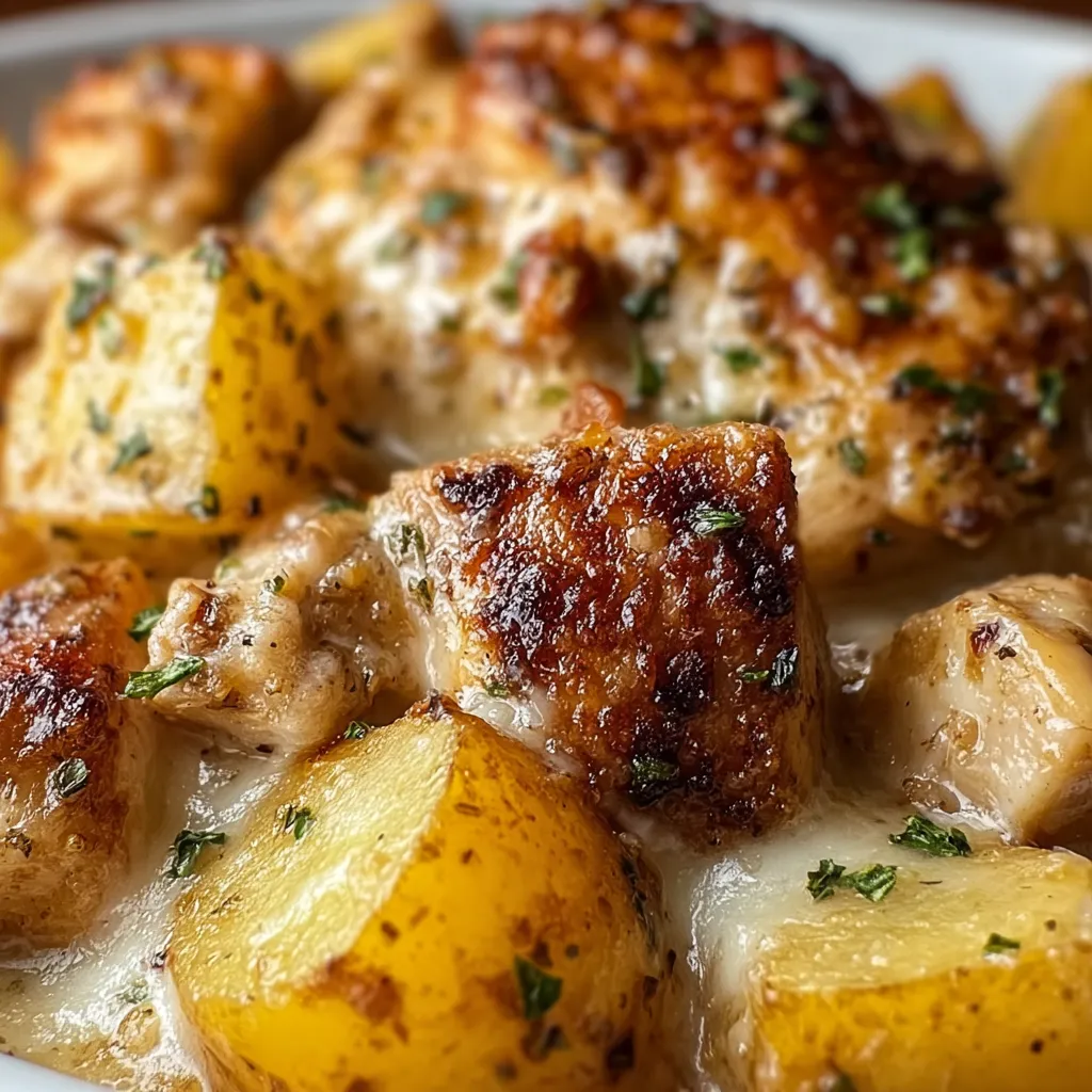 A close-up view showcases the delicious Garlic Parmesan Crockpot Chicken And Potatoes, ready to be served and enjoyed.