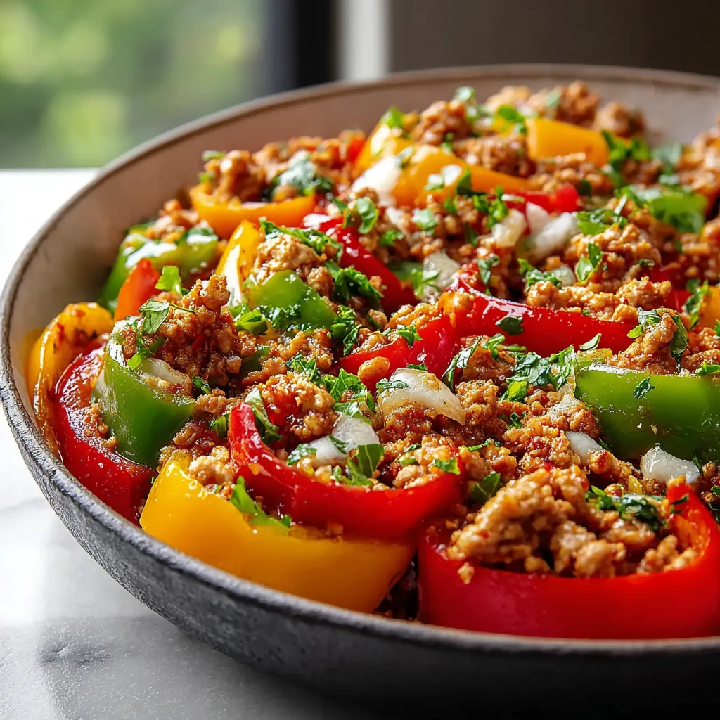 Close-up view of a vibrant and colorful Ground Turkey and Peppers Stir-Fry, showcasing the cooked ground turkey, bell peppers, and other ingredients.