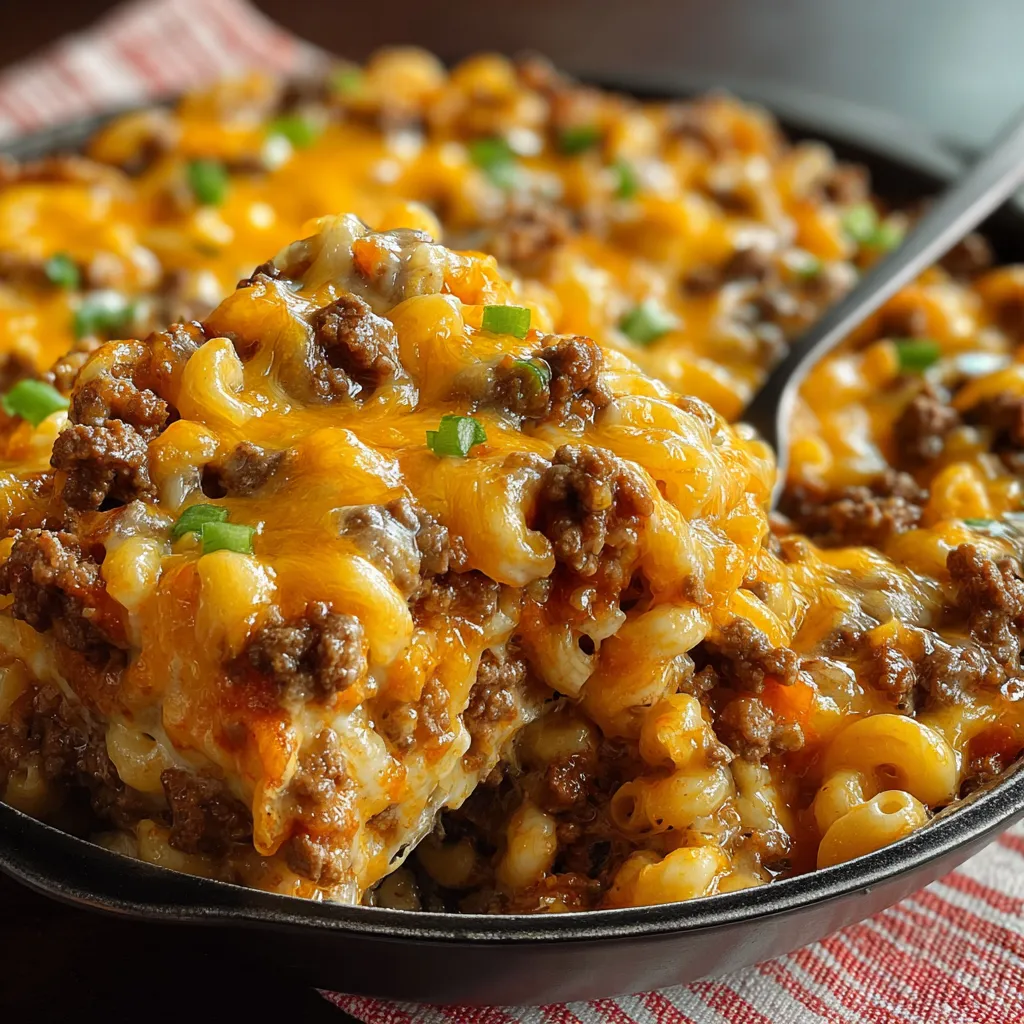 Close-up view of a delicious, cheesy Hamburger Casserole ready to be served, showcasing its bubbly texture and golden-brown topping.