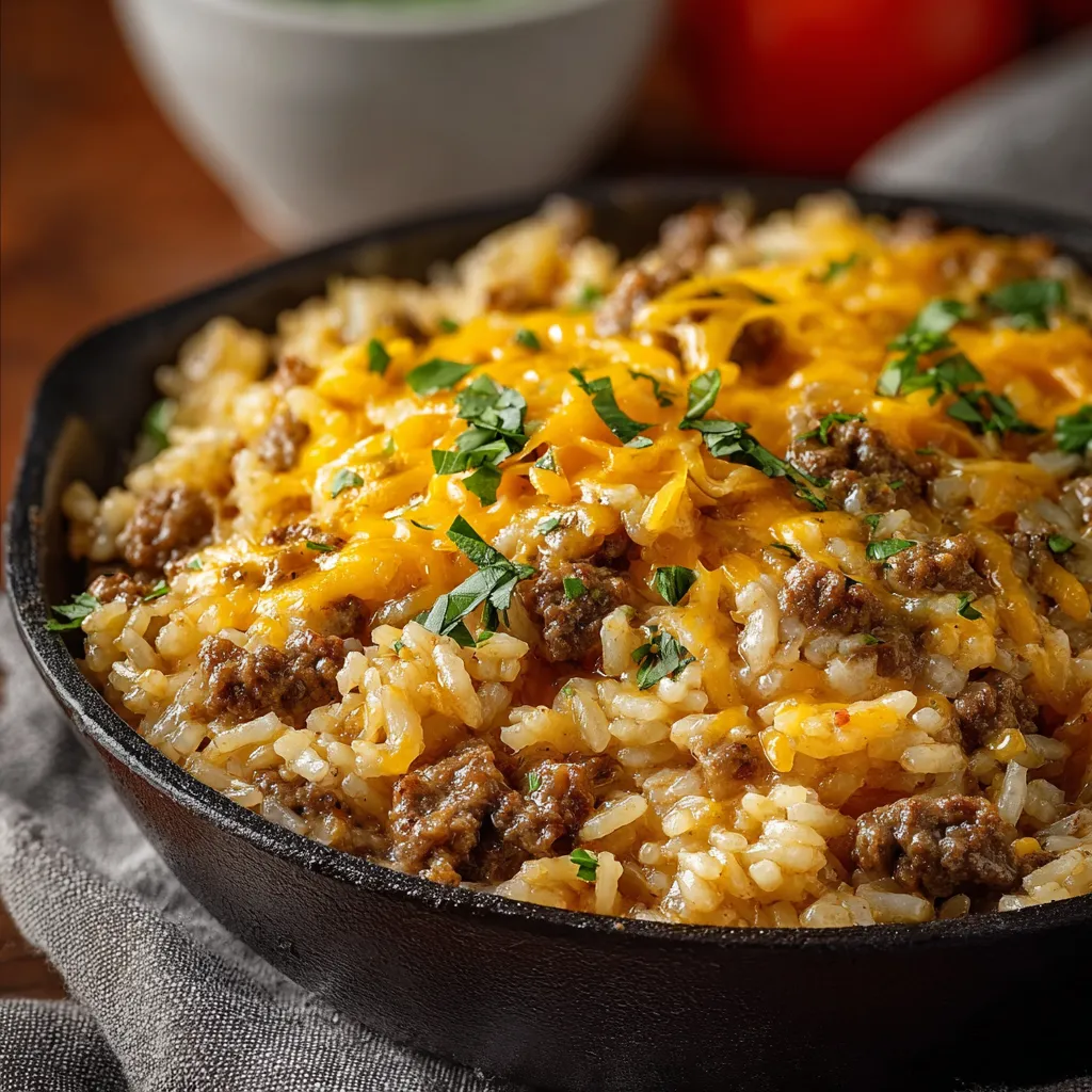 A close-up showing a freshly baked Hamburger Rice Casserole with a golden-brown, bubbly top.