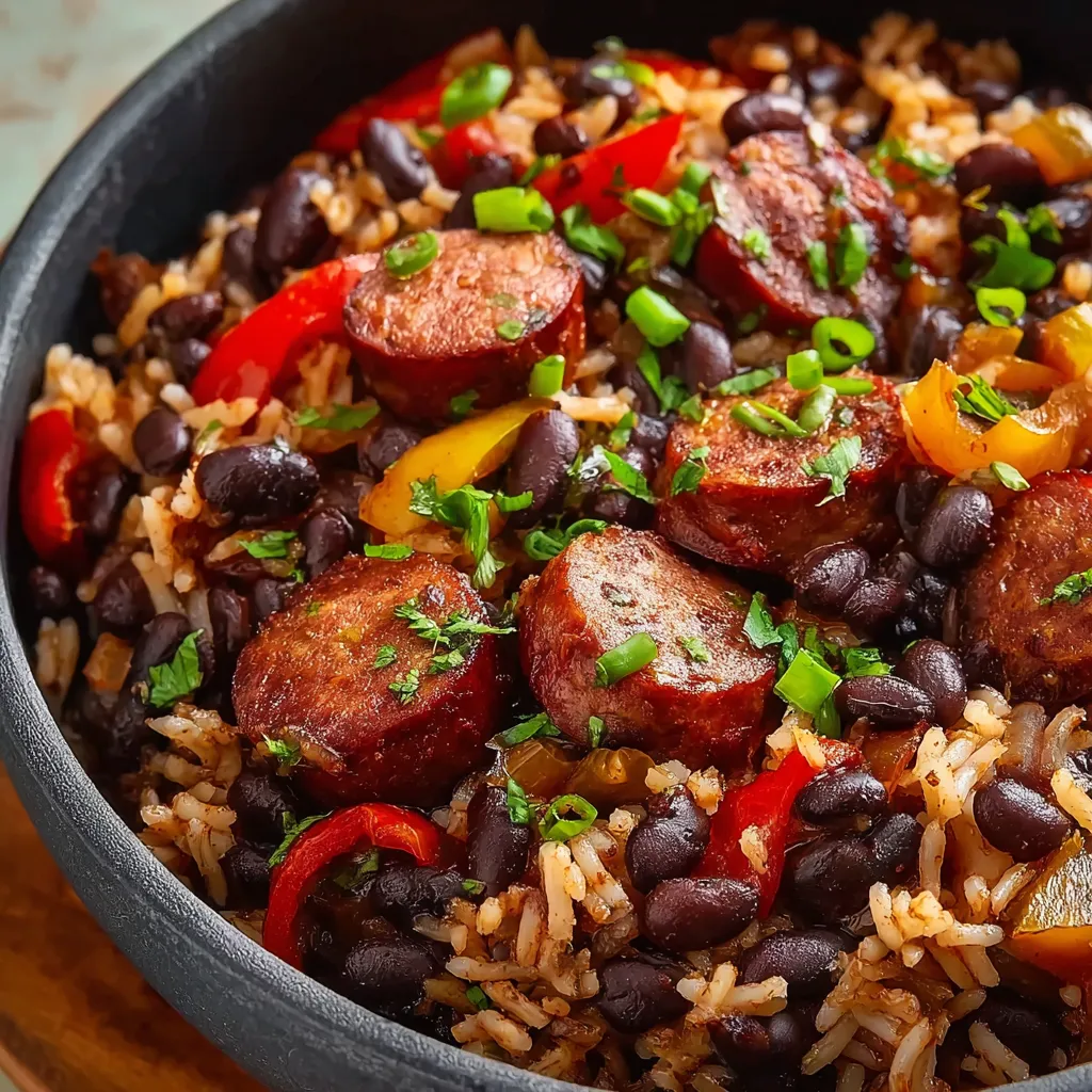 Close-up shot showcasing a serving of Easy Hearty Black Beans And Rice With Sausage, highlighting the texture of the rice, beans, sausage, and fresh herbs.