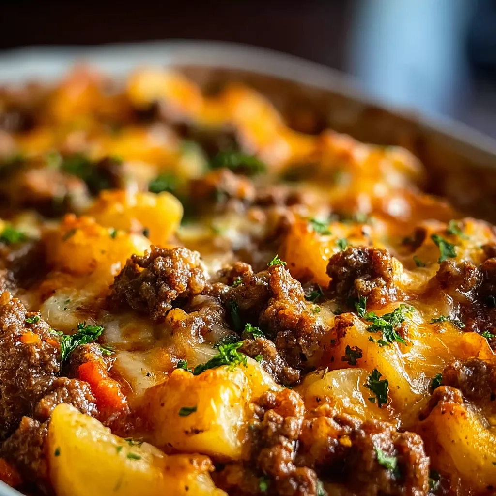 Close-up view of a freshly baked Hobo Casserole, showcasing its browned topping and bubbling filling.