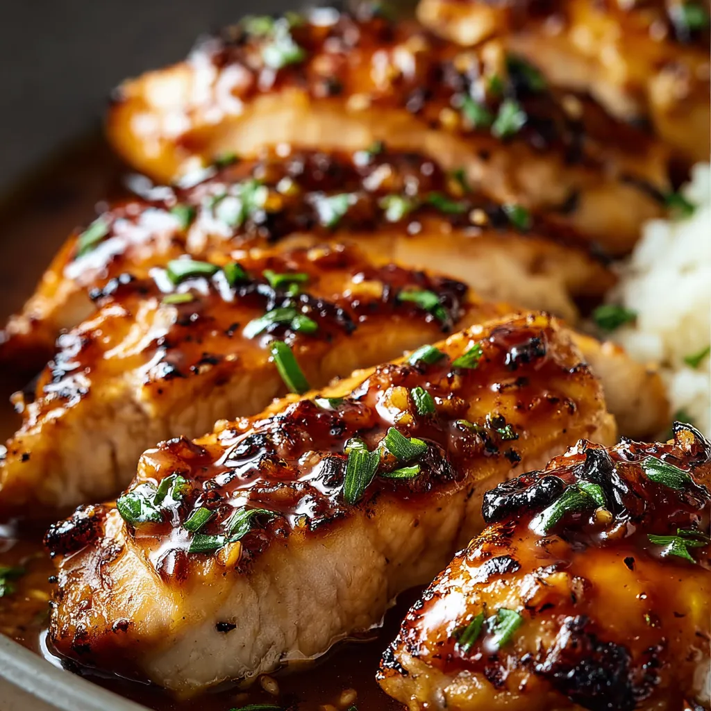 Close-up of juicy Honey Garlic Chicken Breasts glistening with sauce.