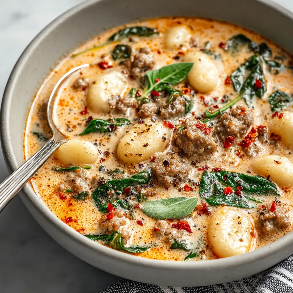 Close-up shot showcasing the creamy broth and savory Italian sausage in a bowl of homemade Italian Sausage Gnocchi Soup.