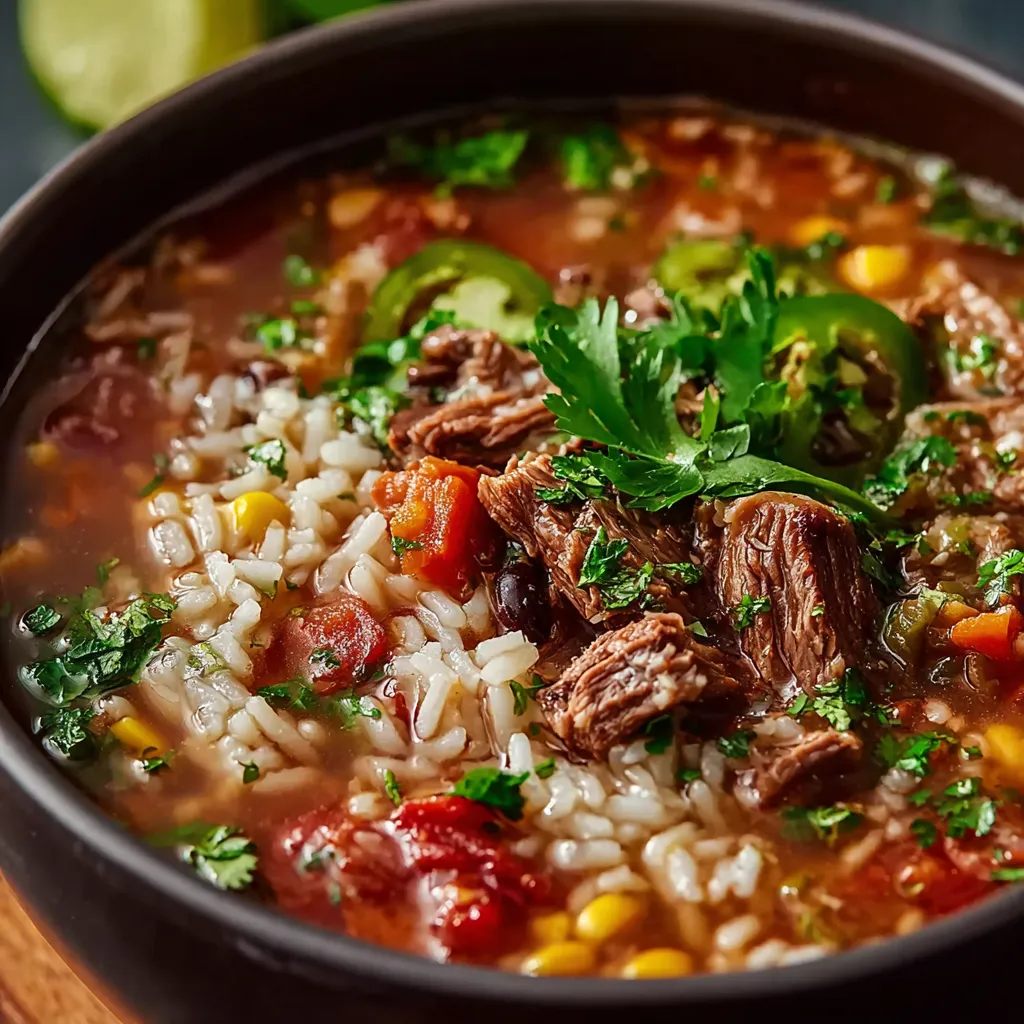 Close-up of a steaming bowl of Mexican Beef And Rice Soup, showcasing the rich broth, tender beef, and fluffy rice.