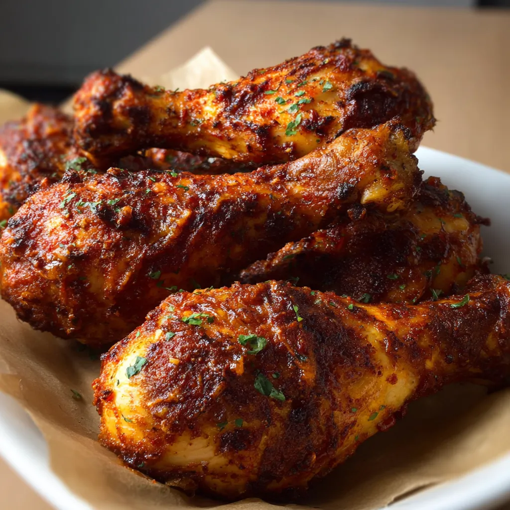 Close-up of crispy Oven Baked Chicken Drumsticks fresh out of the oven.