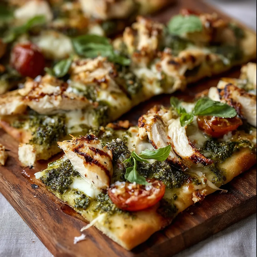 Close-up of a freshly baked Pesto Chicken Flatbread, showcasing the melted cheese, vibrant pesto, and tender chicken.