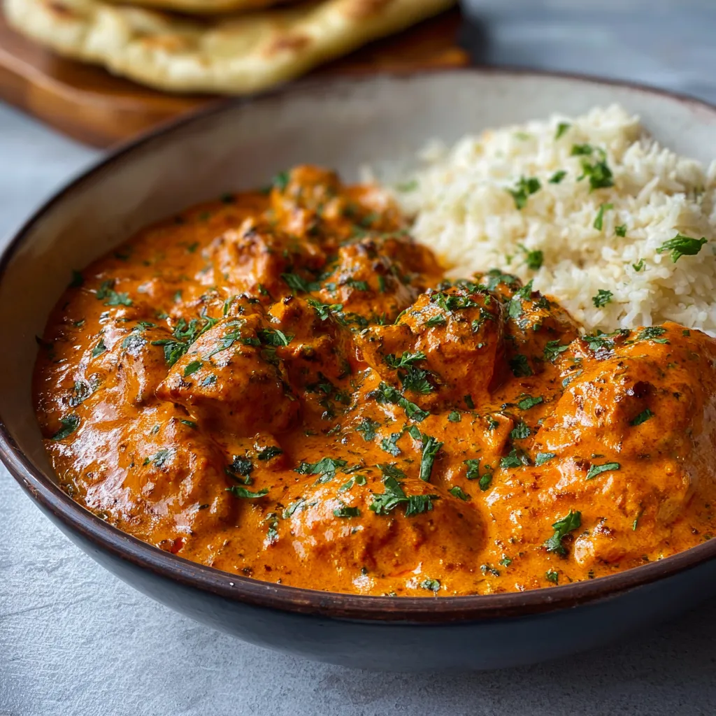 Close-up view showcasing the creamy texture of the Easy Quick Homemade Butter Chicken Recipe, ready to be served.