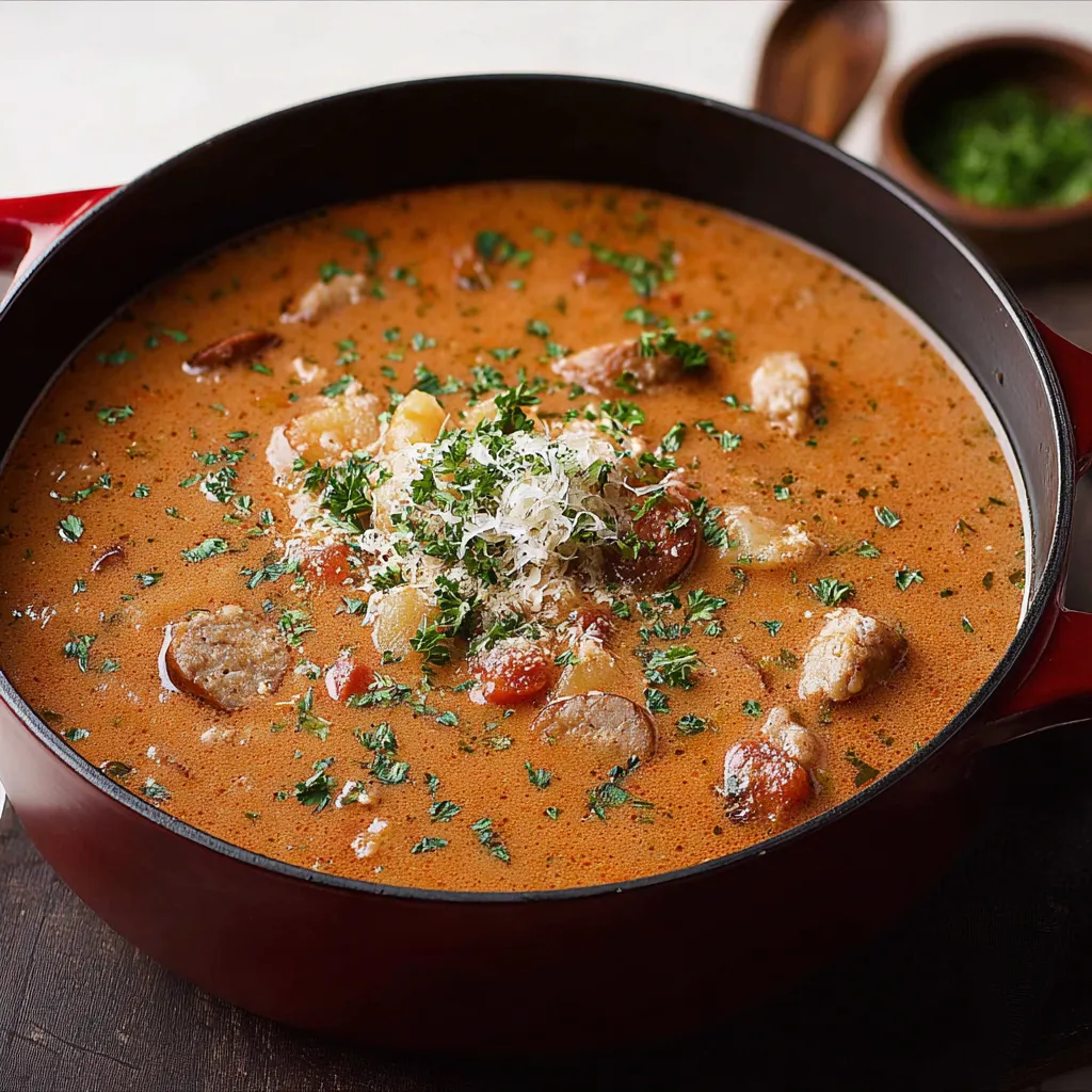 A steaming bowl of Sausage Soup, perfect for a comforting meal, is shown.