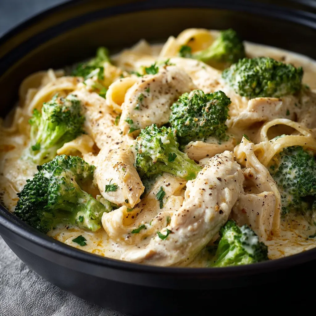 Close-up of creamy Slow Cooker Chicken Alfredo in a slow cooker, ready to be served.