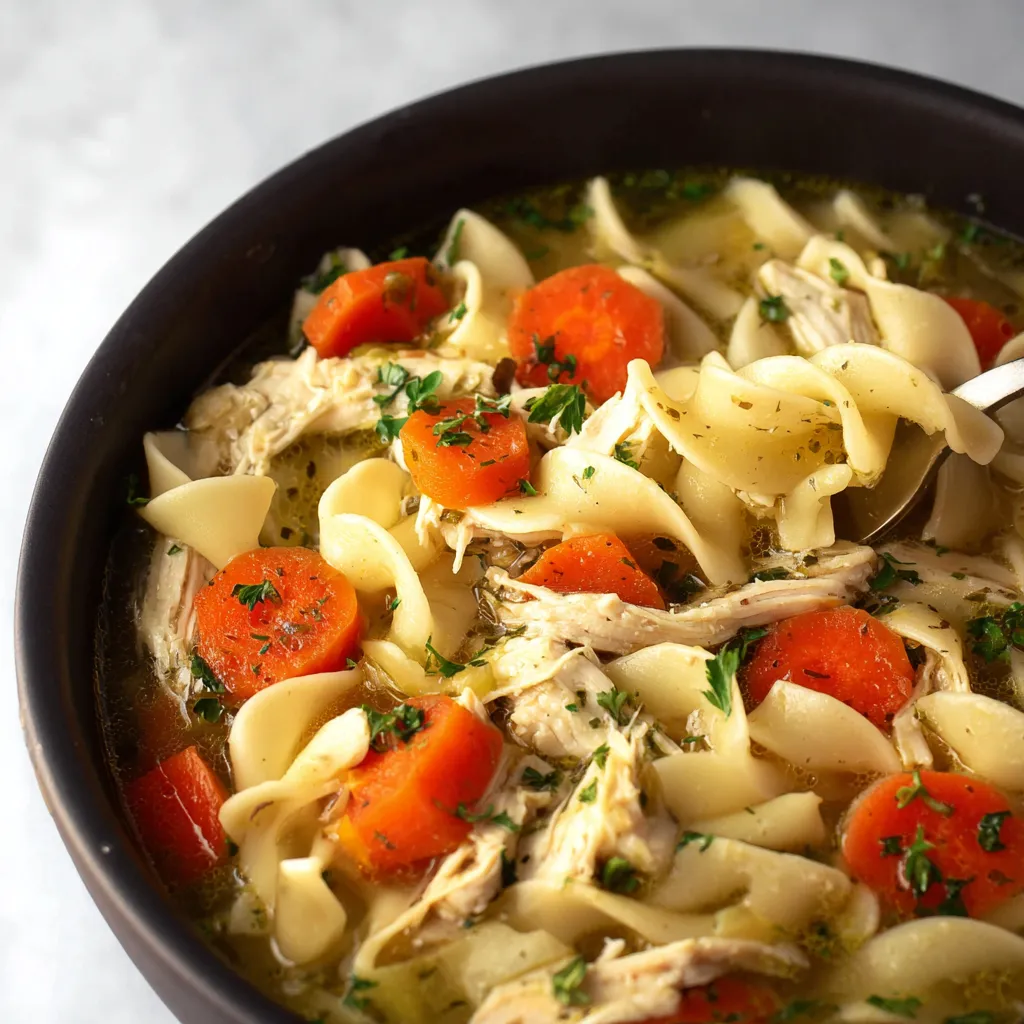 Close-up of a comforting bowl of Slow Cooker Chicken Noodle Soup, showcasing the tender chicken and vegetables in a rich broth.