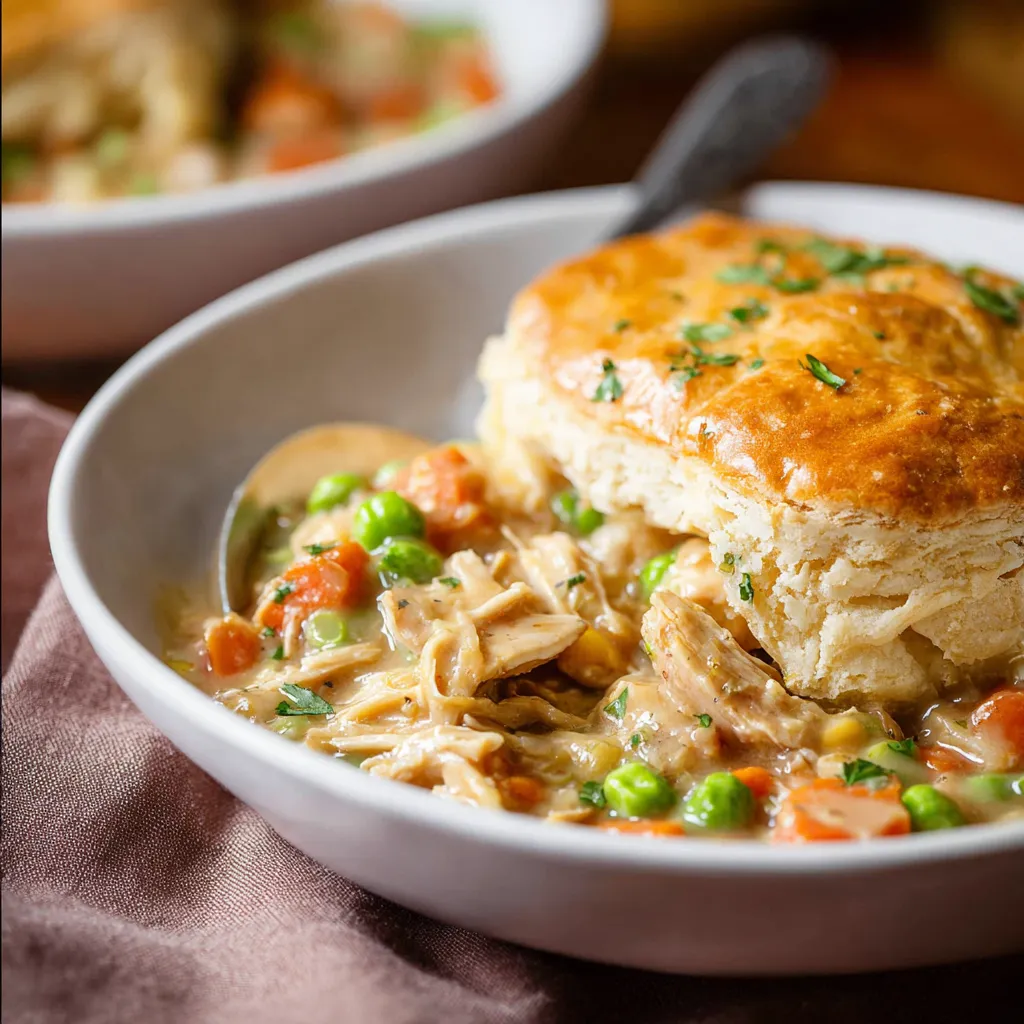 Close-up of a golden, flaky Chicken Pot Pie, showcasing its rich filling and perfectly browned crust.