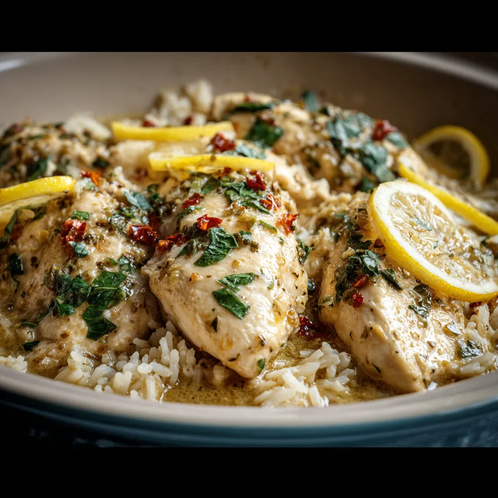 A close-up view showcases the finished Slow Cooker Lemon Herb Chicken And Rice, ready to be served as a comforting and flavorful meal.