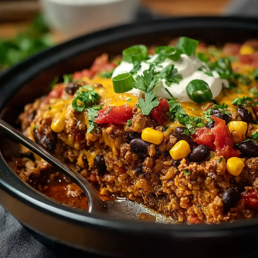 Close-up view of a delicious Slow Cooker Taco Casserole, showcasing the melted cheese and seasoned ground beef.
