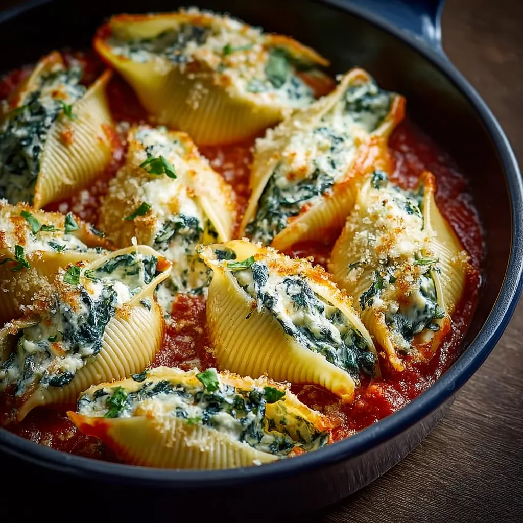 Close-up view of freshly baked Spinach Ricotta Stuffed Shells in a baking dish, showcasing the cheesy topping and vibrant spinach filling.