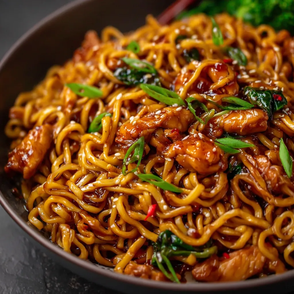 Close-up of appetizing Sticky Garlic Chicken Noodles served in a bowl, showcasing the glistening sauce and tender chicken.