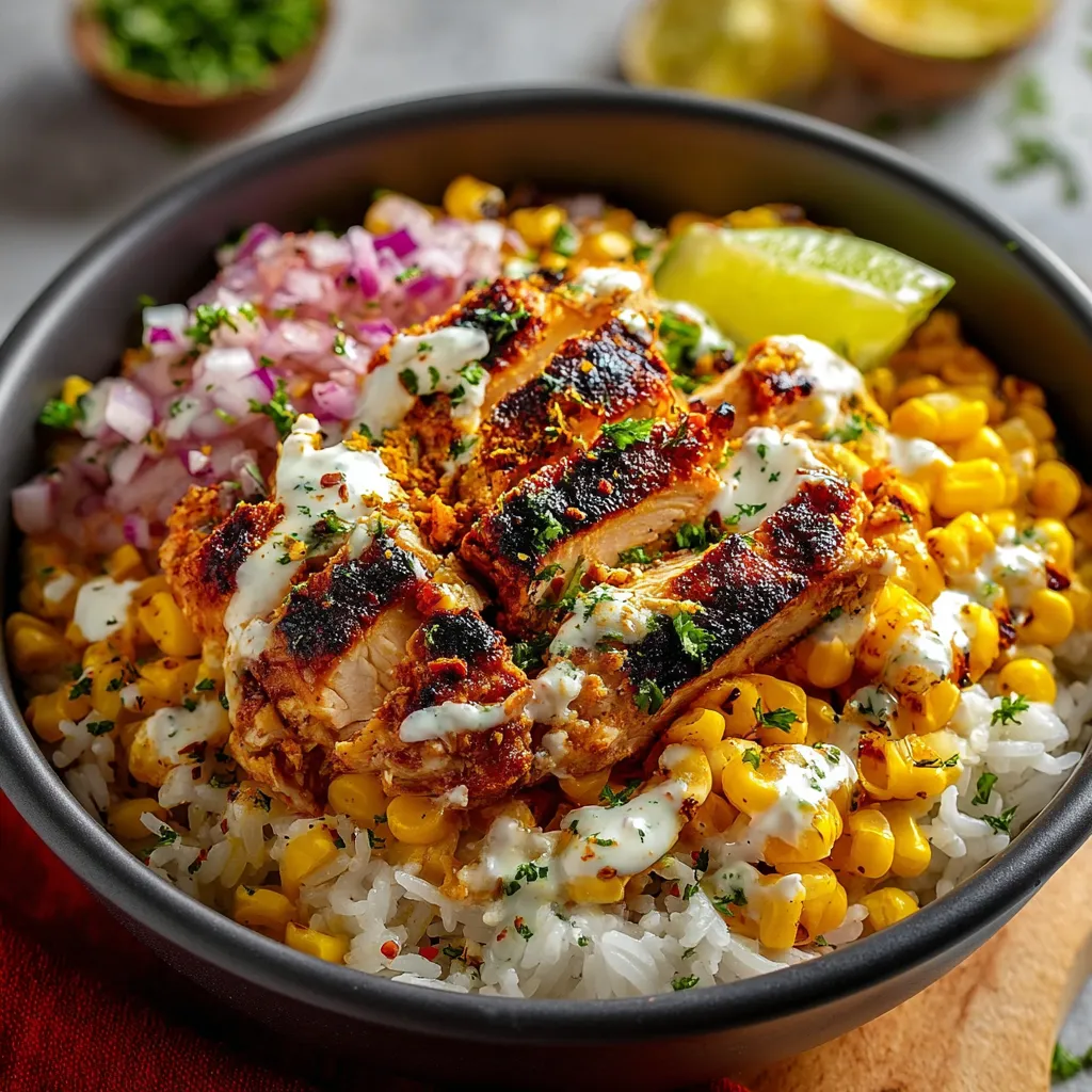 Close-up showing the delicious layers of a Street Corn Chicken Rice Bowl, featuring grilled chicken, creamy street corn, and fluffy rice.