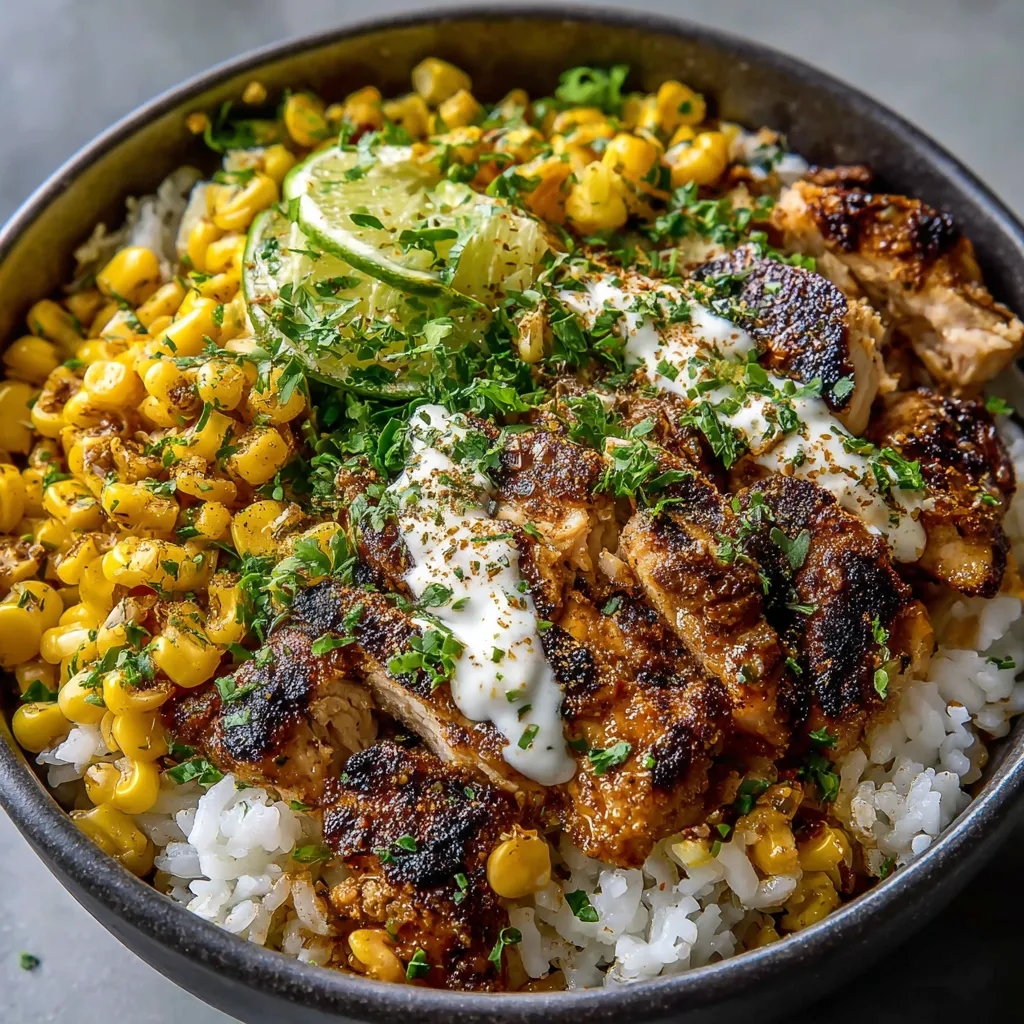 Close-up of a delicious Street Corn Chicken Rice Bowl, showcasing the vibrant colors and textures of the dish.
