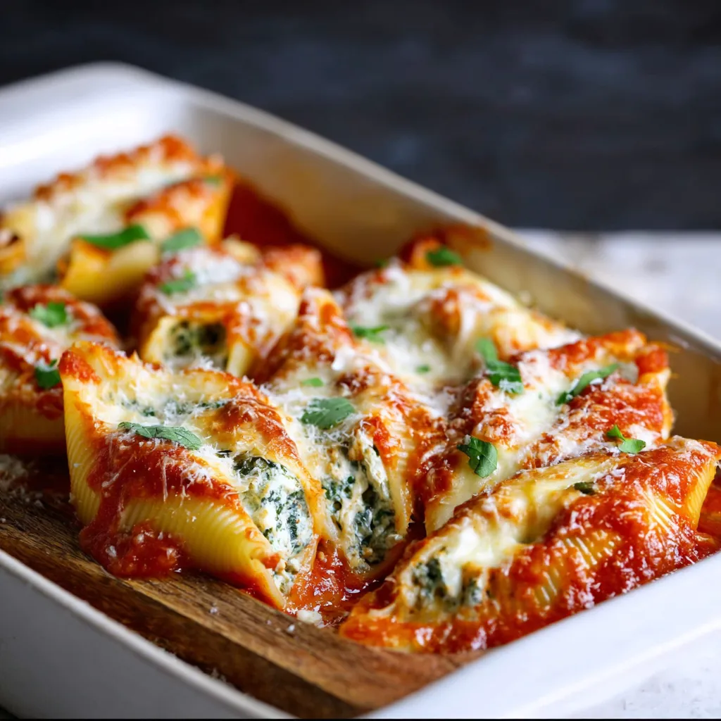 Close-up of cheesy, baked Stuffed Shells, showcasing the delicious filling and golden-brown top.