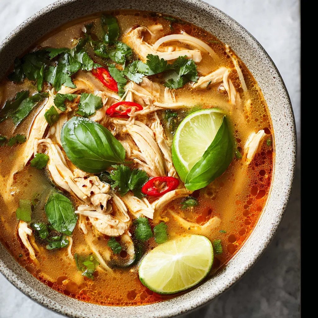 Close-up shot of flavorful Thai Chicken Soup in a bowl, showcasing the vibrant ingredients.