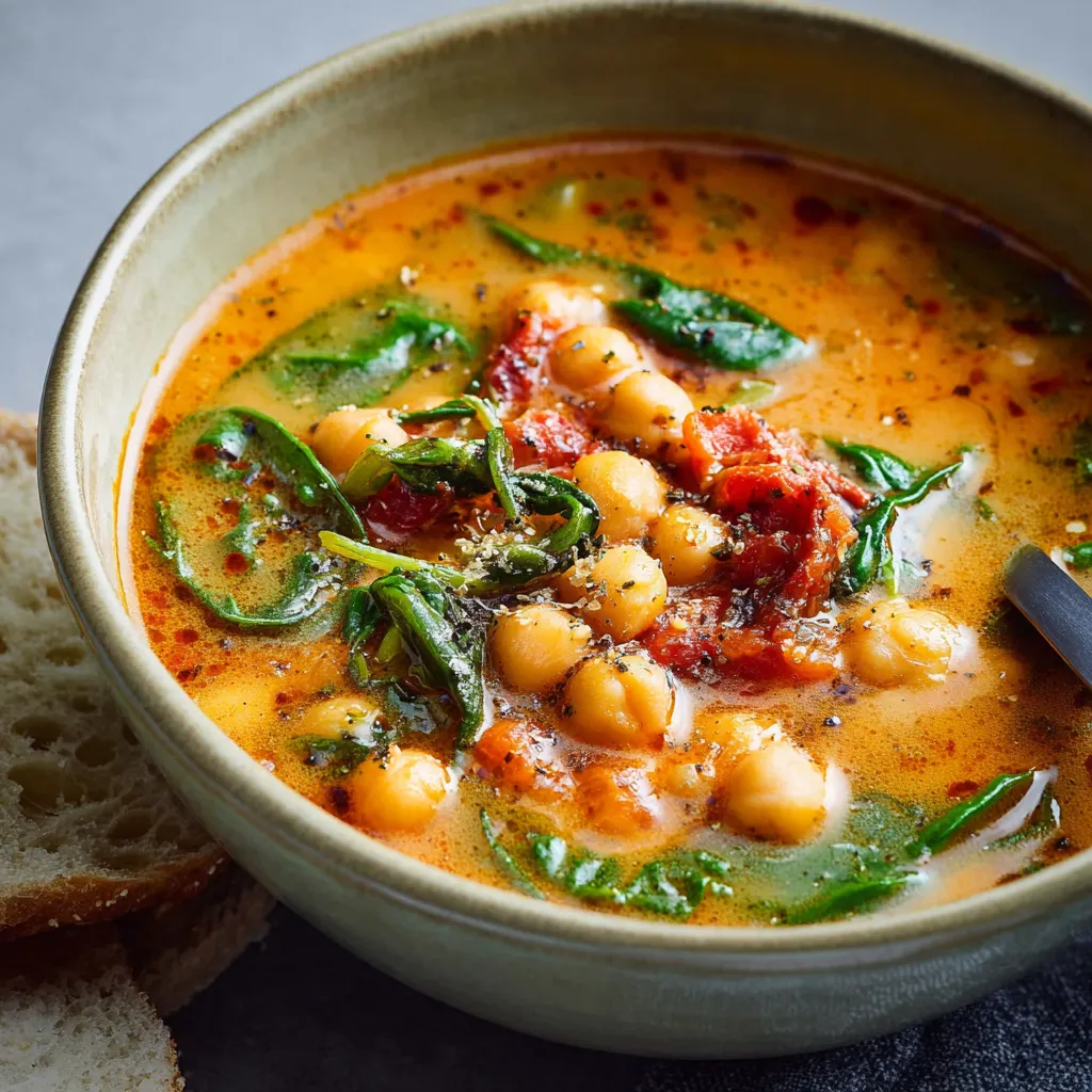 Close-up view of flavorful Tuscan Chickpea Soup, showcasing its hearty texture and vibrant ingredients.