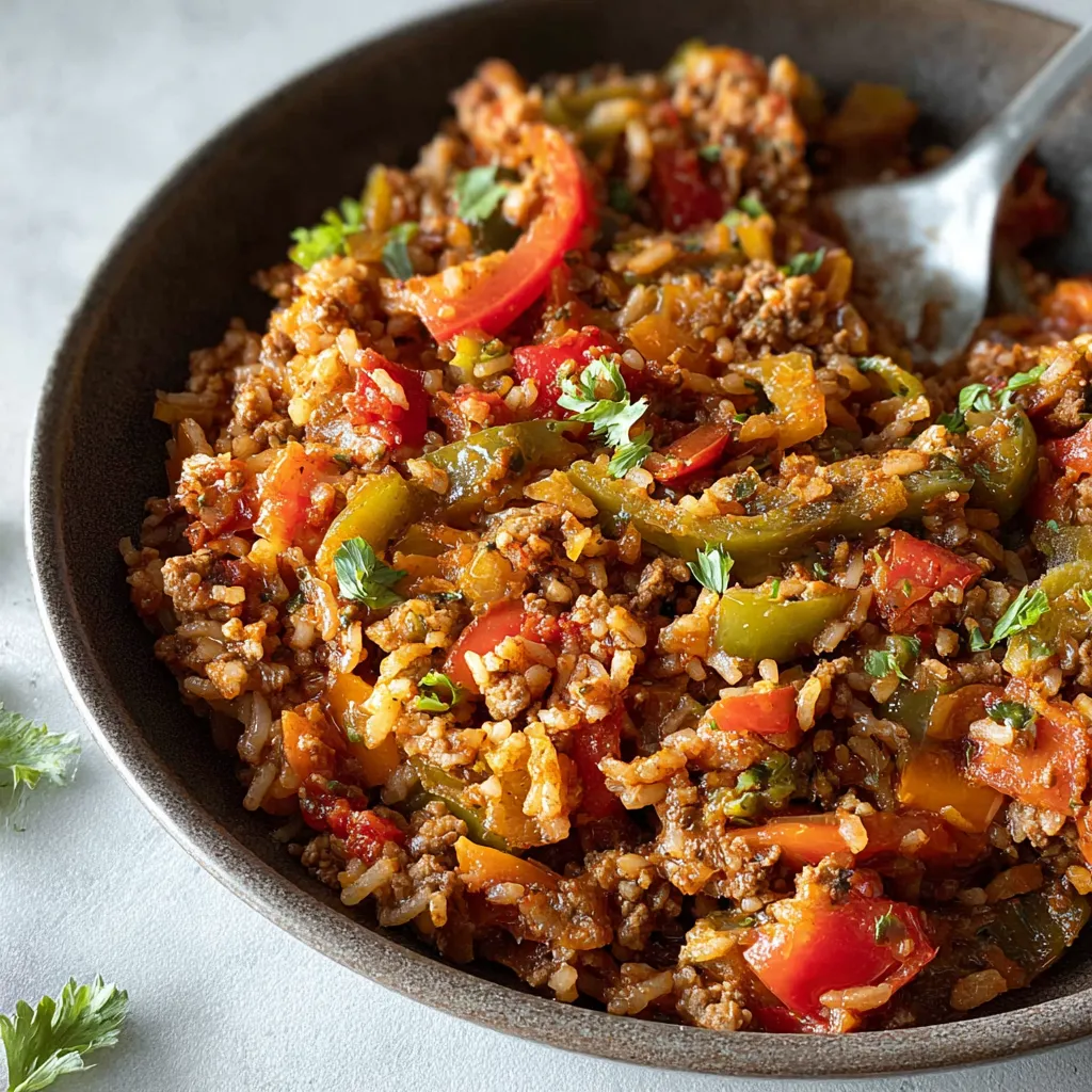 Close-up of a delicious Unstuffed Pepper Skillet ready to be served, showcasing the vibrant colors of peppers, ground beef, and rice.