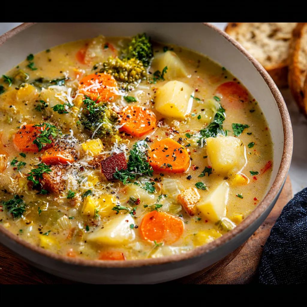 A close-up shows a colorful bowl of homemade Vegetable Soup, perfect for a comforting and healthy meal.