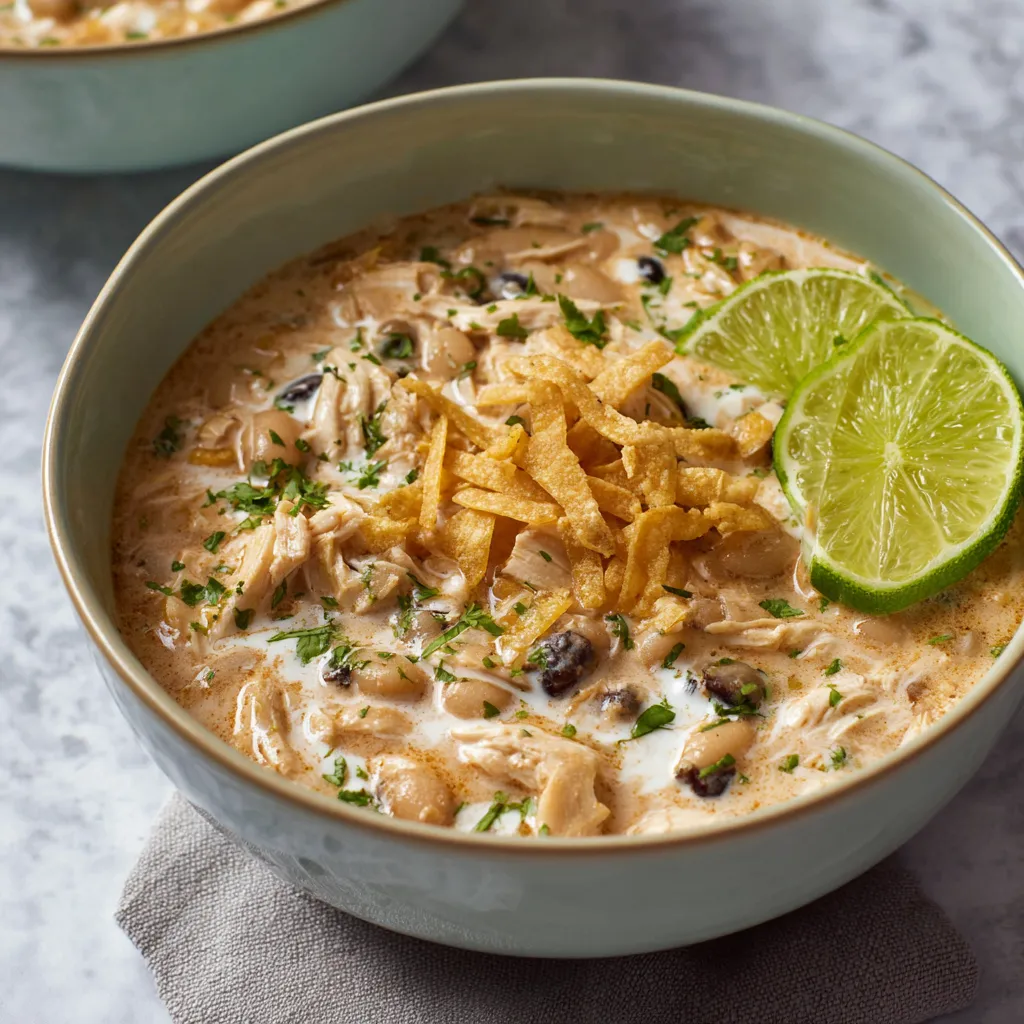 A close-up shot showcases the creamy texture and delicious ingredients of White Chicken Chili in a second image supporting the recipe.