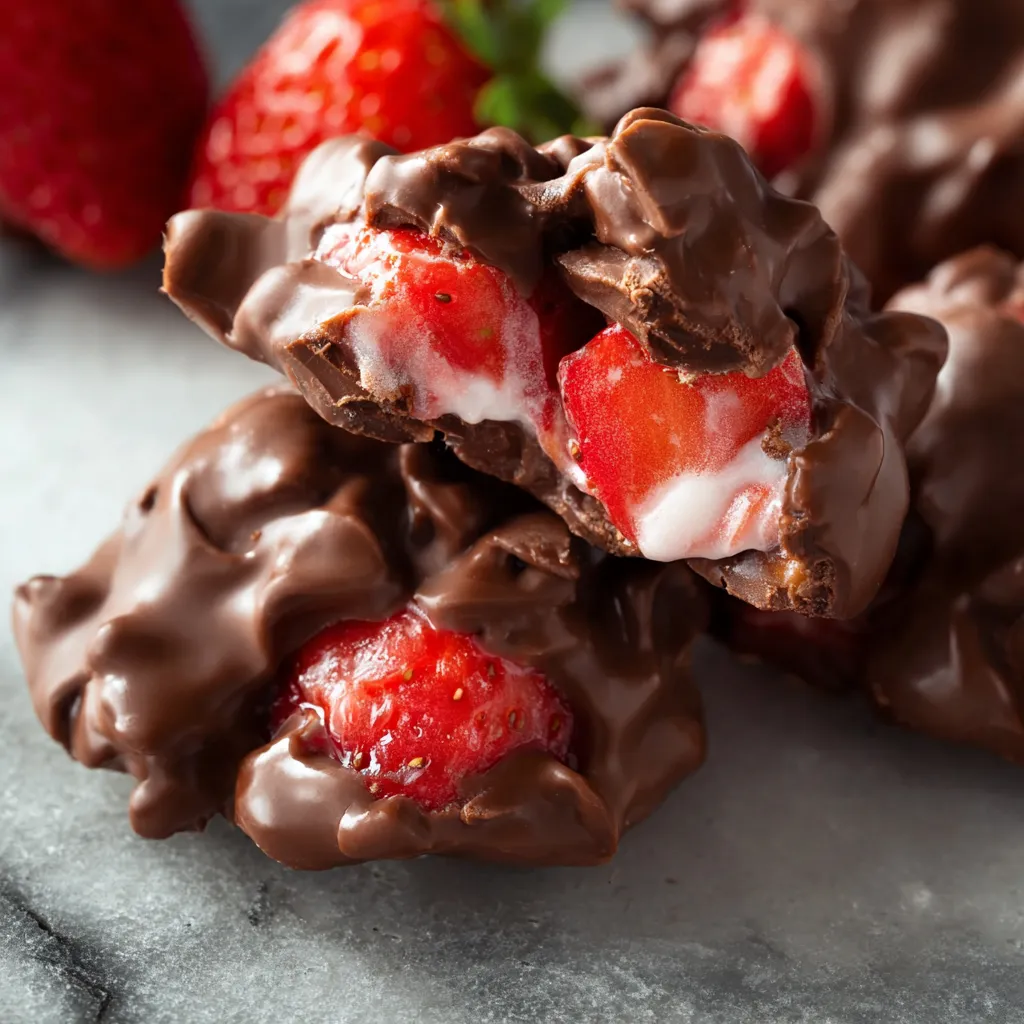 Close-up shot of homemade Chocolate Strawberry Yogurt Clusters showing the texture and ingredients.