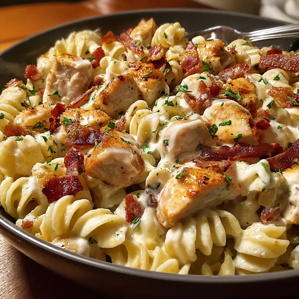 Close-up shot of Creamy Chicken Bacon Ranch Pasta- Insanely Good, showcasing its creamy sauce, chicken, bacon, and ranch dressing.