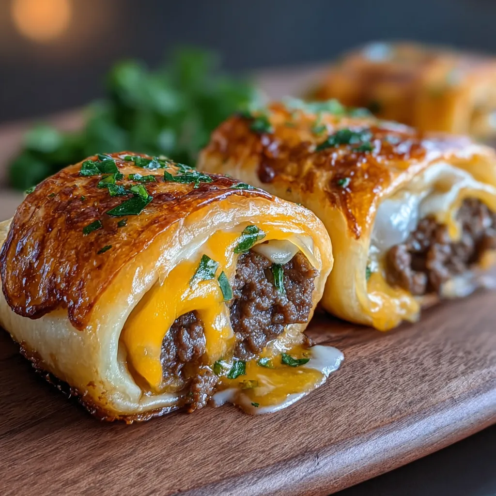 Close-up showcasing the delicious layers and cheesy filling of Garlic Butter Cheeseburger Rollups.