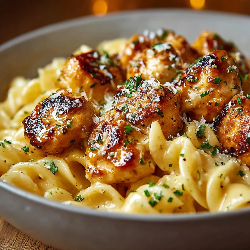 Close-up shot of juicy Garlic Butter Chicken Bites glistening with sauce, showcasing their delicious texture.