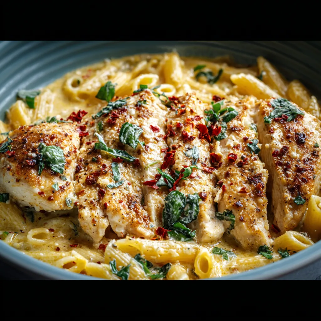 Close-up of creamy Garlic Parmesan Chicken Pasta served in a white bowl, showcasing the tender chicken and rich sauce.