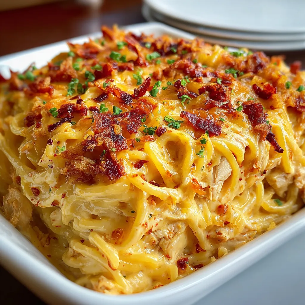 Close-up shot showcasing a serving of freshly baked Spicy Southern Chicken Spaghetti Casserole, highlighting its creamy texture and golden-brown crust.