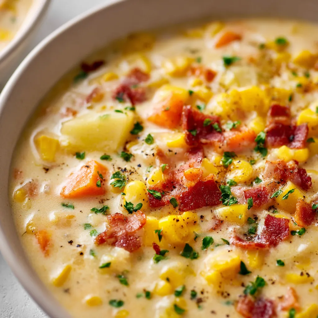 Creamy Corn Chowder served in a white bowl, showcasing its rich texture and colorful ingredients.