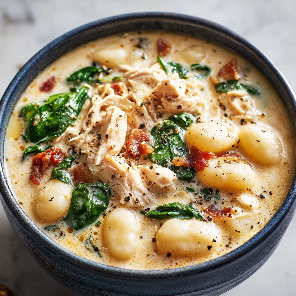 A close-up shot showcases the rich and creamy texture of the prepared Creamy Crockpot Chicken Gnocchi Soup.
