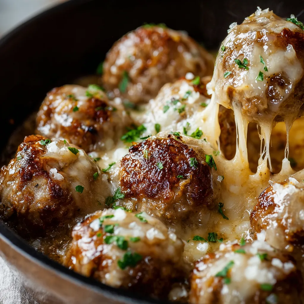 A close-up view showcases the savory details of freshly prepared French Onion Meatballs, perfect for a comforting meal.