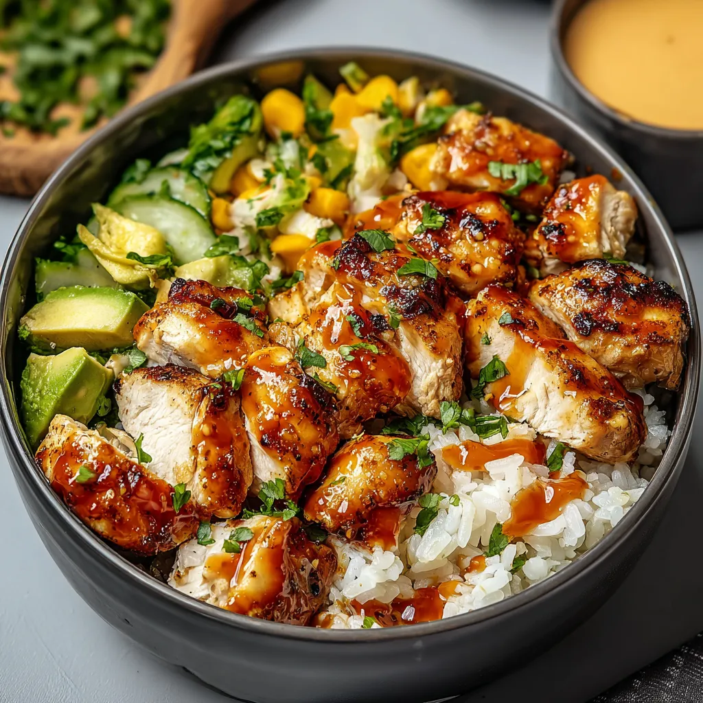 Close-up of a flavorful Hot Honey Chicken Bowl, showcasing the crispy chicken and vibrant toppings.