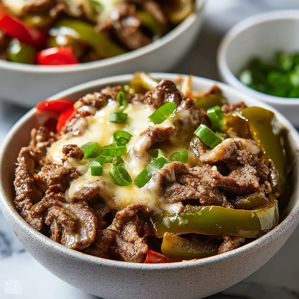 A close-up shot showcases the delicious layers of a Philly Cheesesteak Bowls, highlighting the juicy steak, melted cheese, and savory toppings.