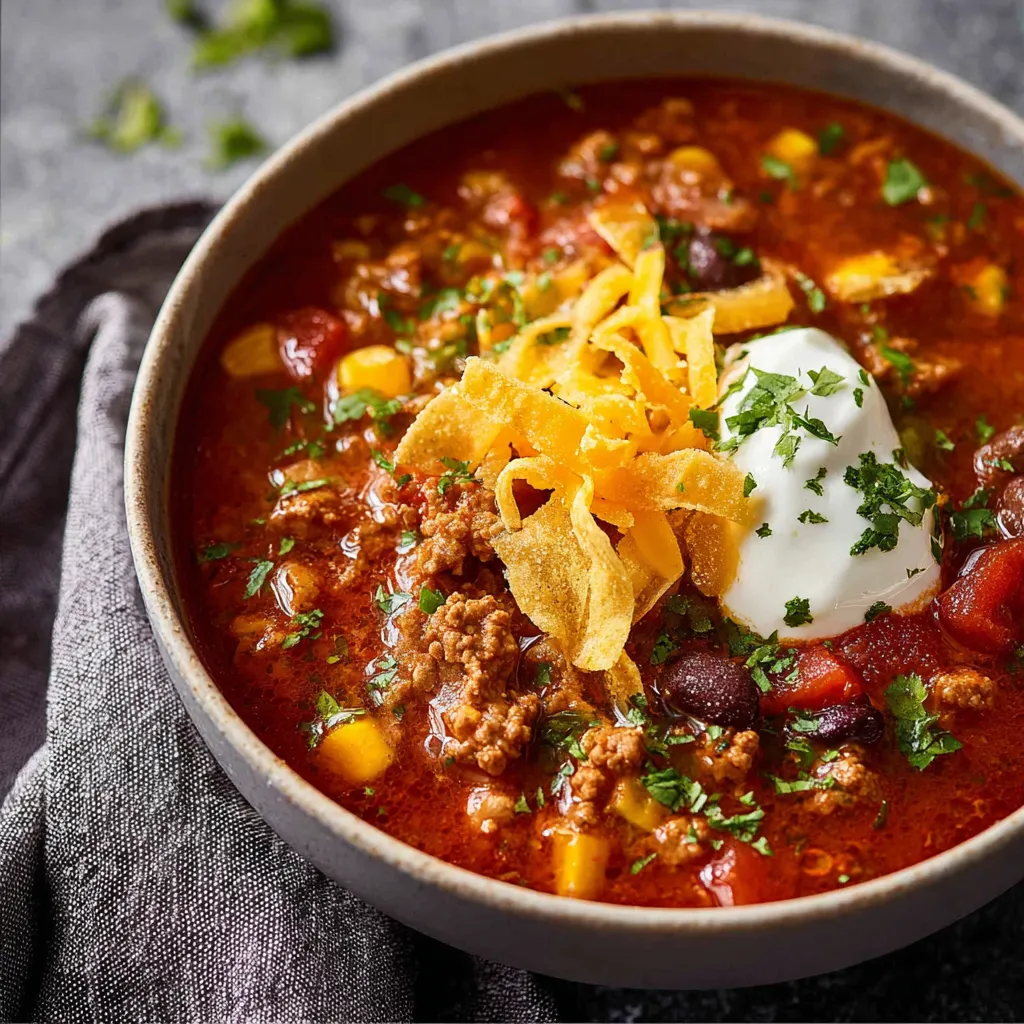 A close-up shot of a bowl of flavorful Taco Soup, showcasing its rich broth and colorful toppings.
